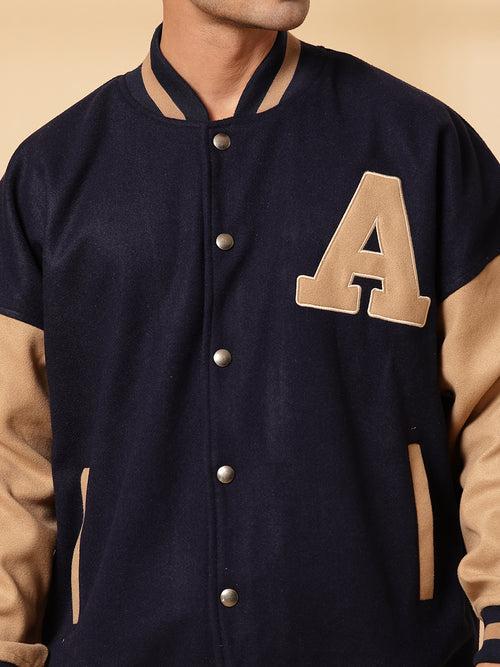 Men Oversized Winter Wear Varsity Jacket with Ribbed Cuffs