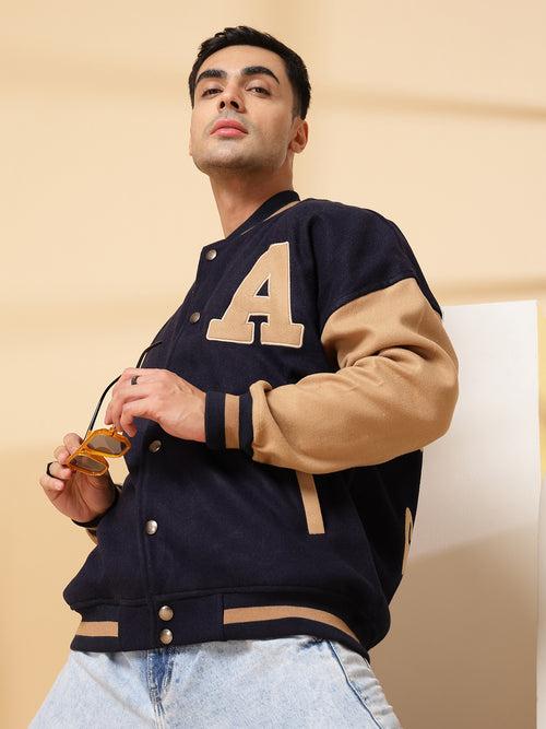 Men Oversized Winter Wear Varsity Jacket with Ribbed Cuffs