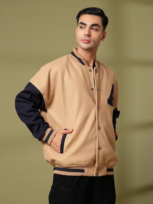 Men Oversized Winter Wear Varsity Jacket with Ribbed Cuffs