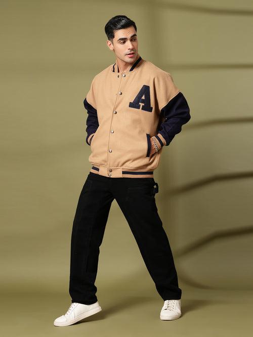 Men Oversized Winter Wear Varsity Jacket with Ribbed Cuffs