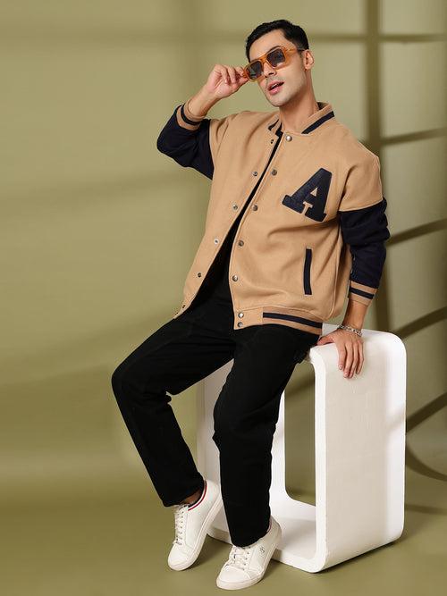 Men Oversized Winter Wear Varsity Jacket with Ribbed Cuffs