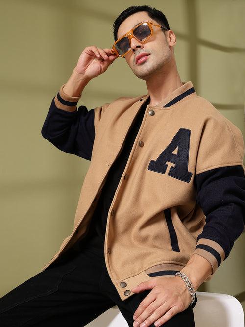 Men Oversized Winter Wear Varsity Jacket with Ribbed Cuffs