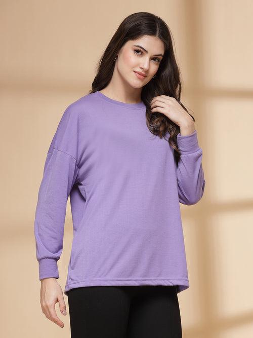 Women Purple Oversized Full Sleeve Round Neck Tshirt