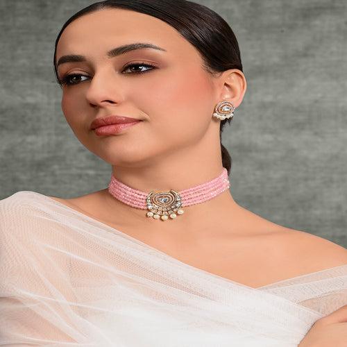 Scintillating Pink Beaded Choker With Earrings - JBRMR24NKS45