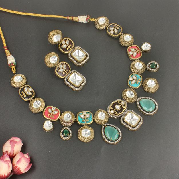 Varshu Polki Necklace - Turquoise & Multi colour Set -SIA437007