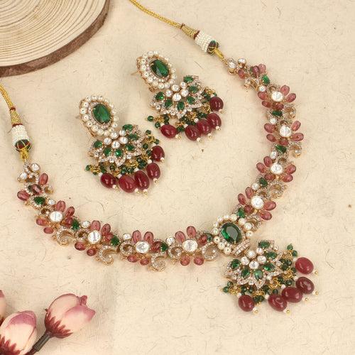 Rani & Green Color Matte Gold Rajwadi Temple Necklace Set  -SIA437016