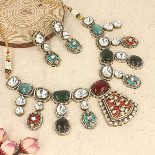 Kundan Multi Color Carved Stone Victorian Polish Necklace -SIA437047