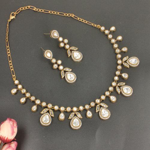 Gold Finish Kundan Necklace with Faux Diamond Detailing -SIA437135