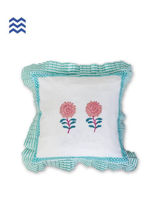 20s Cotton Cushion Cover With Frills In Floral Block Print