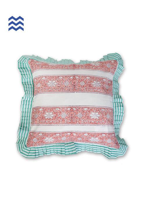 20s Cotton Cushion Cover With Frills In Floral Block Print