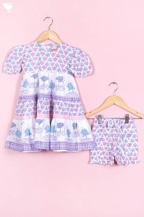 Cotton Frock & Shorts Set In Block Print