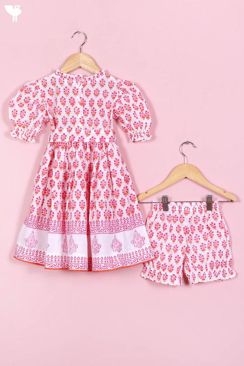 Cotton Frock & Shorts Set In Block Print