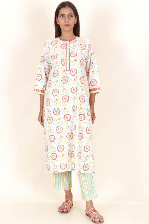 Bizzy Lizzy Cotton Kurta Pant Set With Chiffon Dupatta In Block Print