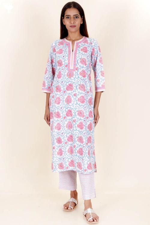 Bizzy Lizzy  Kurta Pant Set With Chiffon Dupatta In Block Print