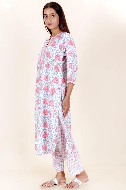 Bizzy Lizzy  Kurta Pant Set With Chiffon Dupatta In Block Print