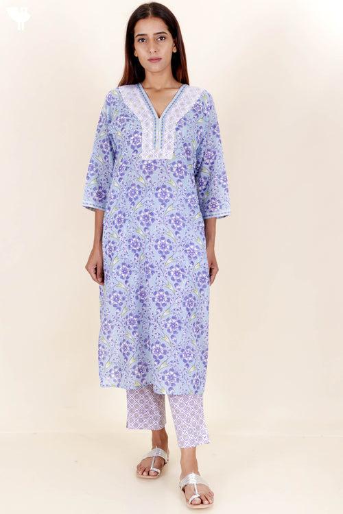 Mulmul Kurta Pant Set With Kota Dupatta In Block Print