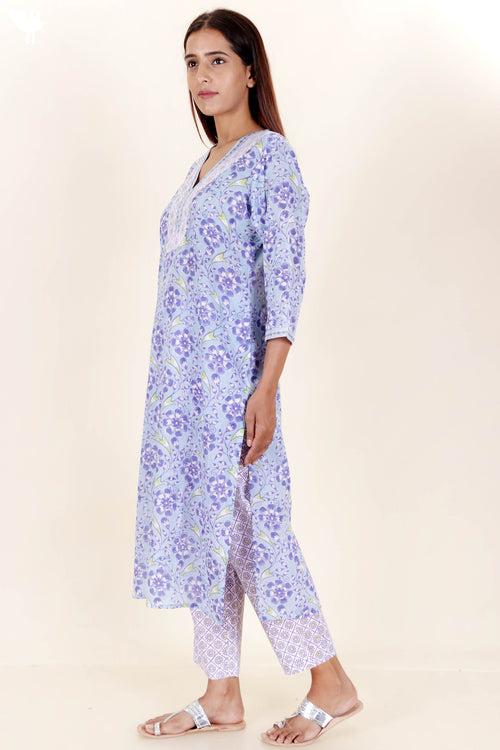 Mulmul Kurta Pant Set With Kota Dupatta In Block Print