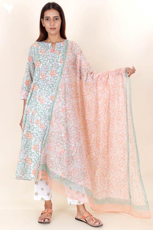 Cotton Kurta Dupatta And Pant Set In Block Print