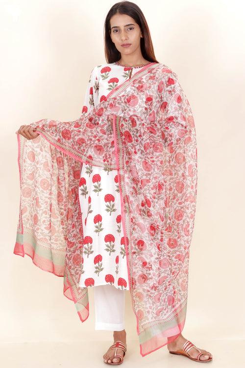 Slub Cotton Kurta And Kota Doria Dupatta Set In Block Print