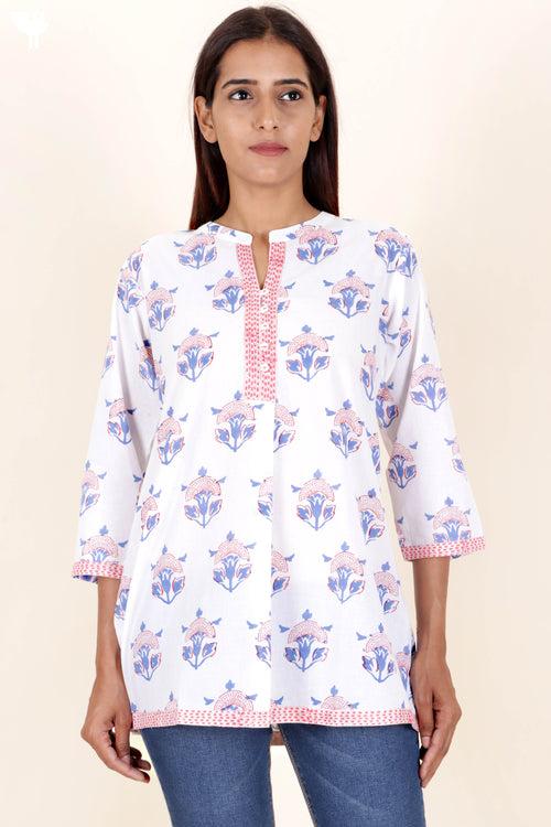 Cambric Cotton Top in Floral Block Print