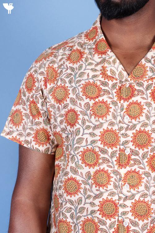 Blended Cotton Men’s Bush Shirt In Block Print