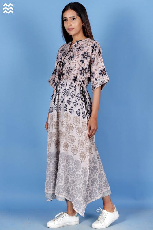 Cotton Abbey Dress In Floral Block Print