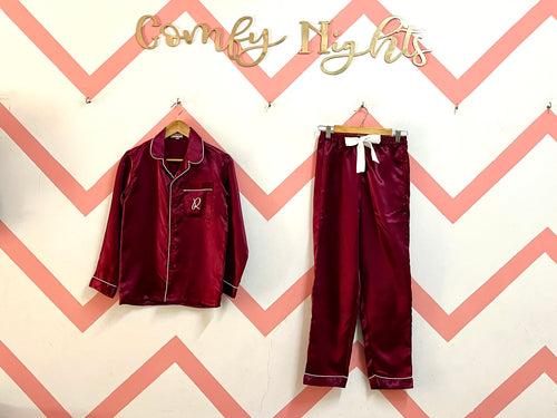 Burgundy Initial Personalise Pocket Pj Set  | Prepaid Orders Only