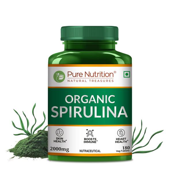 Organic Spirulina 180 Veg Tablets for Healthy Skin, Brain, Heart & Weight Management