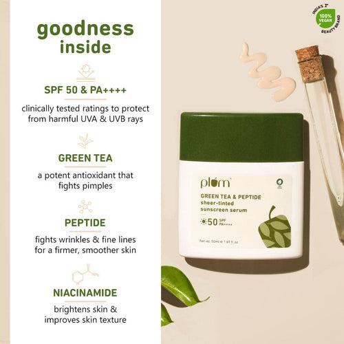 PLUM  Green Tea & Peptide Sheer-tinted Sunscreen Serum with SPF 50 & PA++++ -50ml