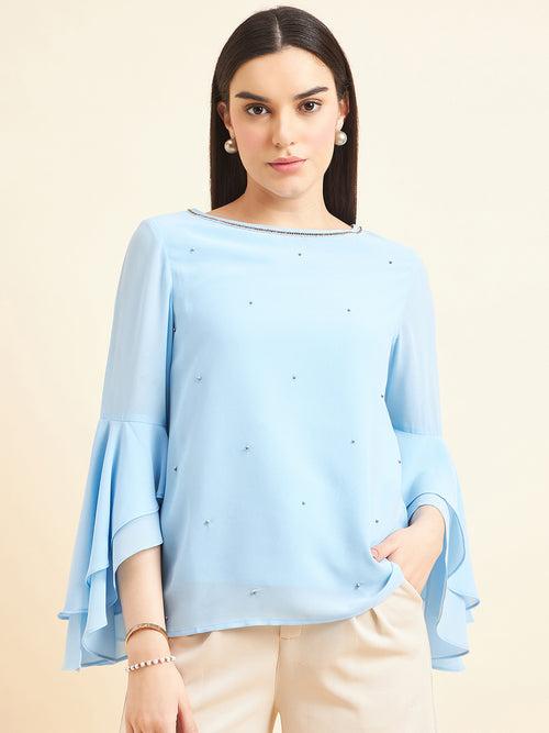 Gipsy Women Solid Embellishment Polyester Blue Grey Top