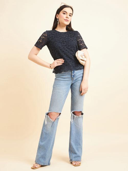 Gipsy Women Solid Polyester Navy Top