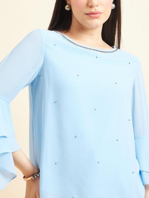 Gipsy Women Solid Embellishment Polyester Blue Grey Top