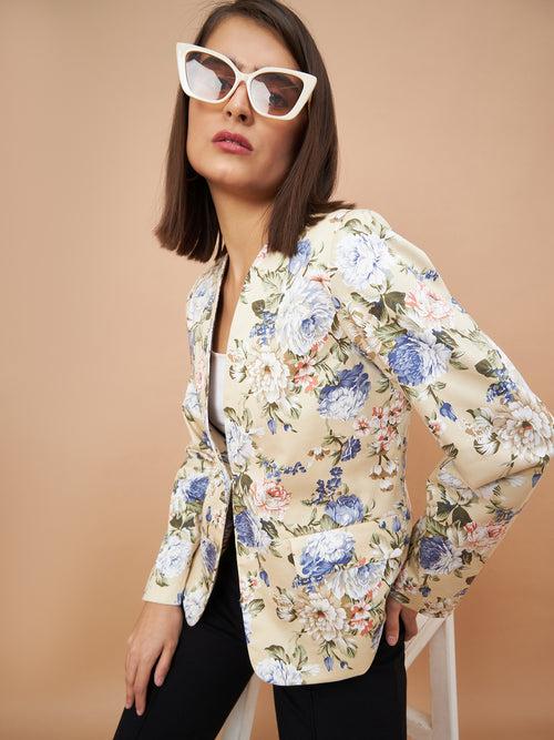 Gipsy Women V-Neck Straight Full Sleeve Cotton Fabric Beige Floral Coat