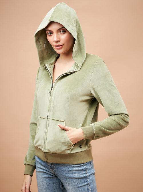 Gipsy Women Hoodie Neck Straight Full Sleeve Cotton/Poly Fabric Mint Green Sweatshirt