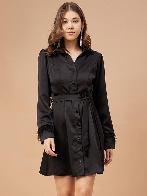 Gipsy Women Shirt Collar Bishop Full Sleeve Satin Fabric Black Dress