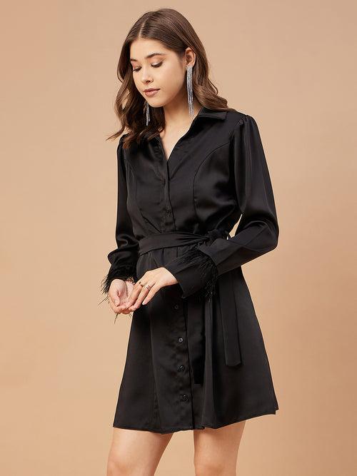 Gipsy Women Shirt Collar Bishop Full Sleeve Satin Fabric Black Dress