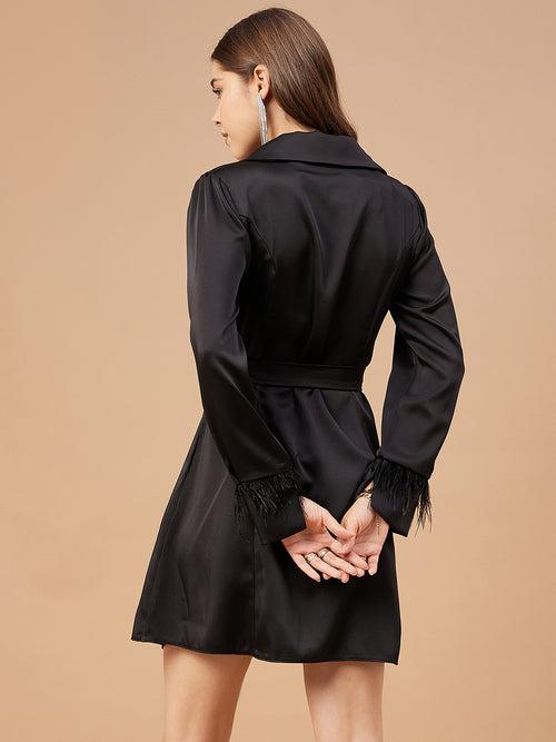 Gipsy Women Shirt Collar Bishop Full Sleeve Satin Fabric Black Dress