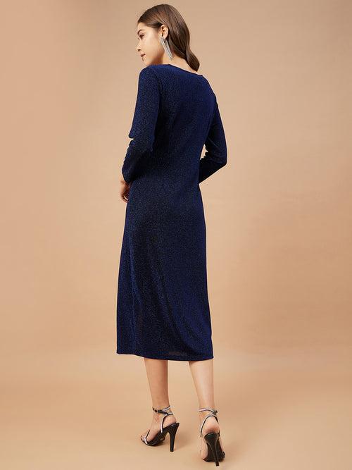 Gipsy Women Dark Blue Solid Polyester  Bell Sleeve V Neck Dress