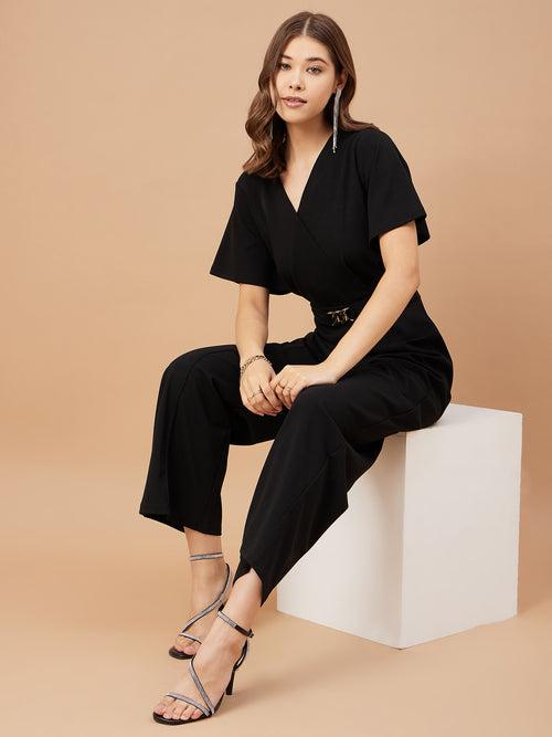 Gipsy Women Black Solid Polyester  Flutter Sleeve V Neck Jumpsuit