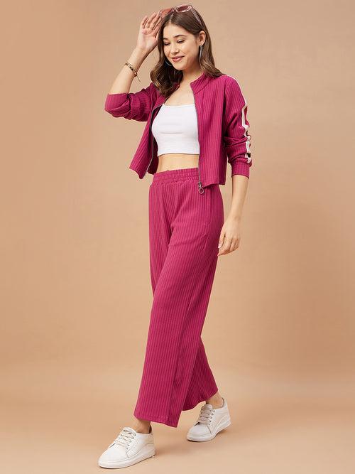 Gipsy Women Fushia Solid Poly Knit Regular Sleeve Mandarin Collar Co-Ord Set