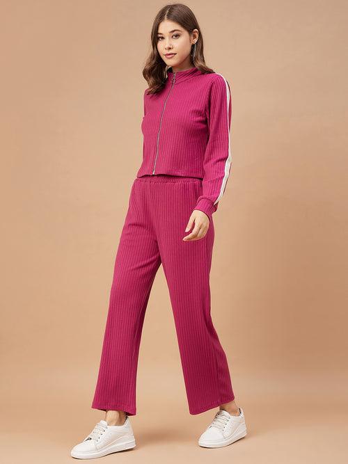 Gipsy Women Fushia Solid Poly Knit Regular Sleeve Mandarin Collar Co-Ord Set