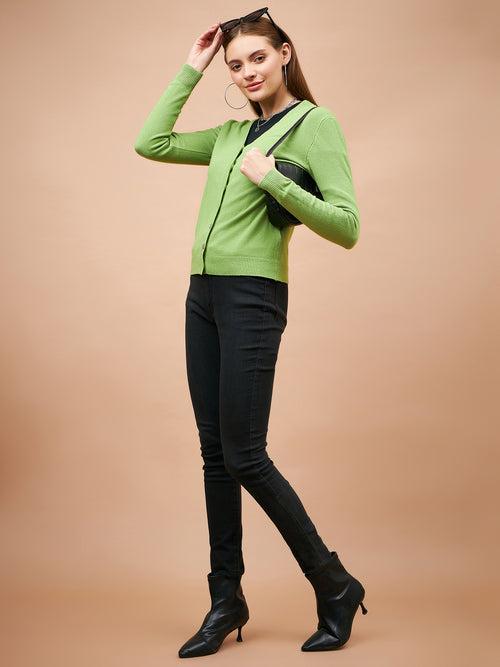 Gipsy Women V-Neck Straight Full Sleeve Acrylic Fabric Lime Green Sweaters