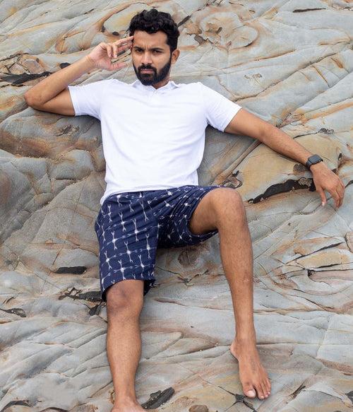 Navy-White Patterned Ikat Mens Shorts