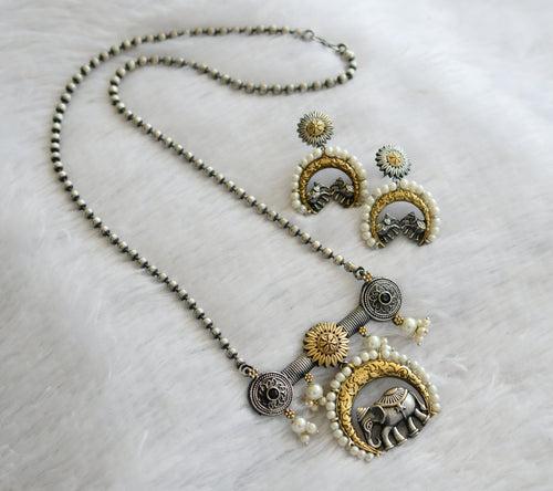 Two tone pearl black stone elephant pendant set dj-46438