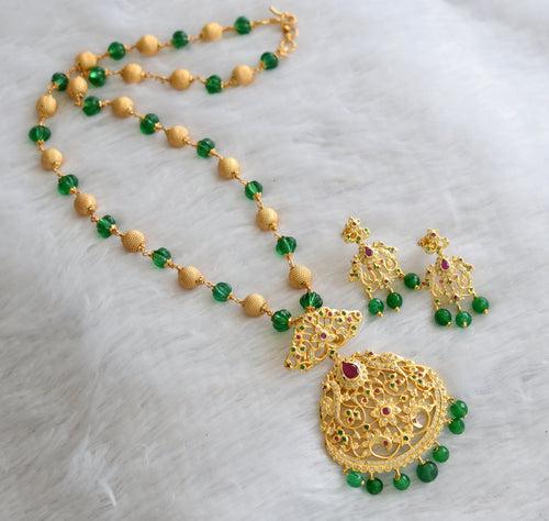 Gold tone ruby-green-white green pumpkin bead pendant set dj-46494