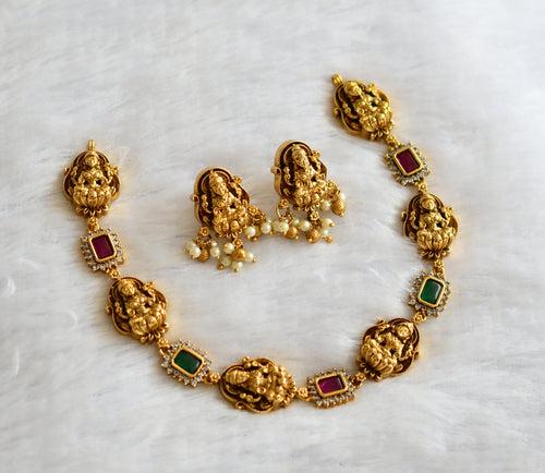 Antique gold tone kemp-green-white block stone lakshmi necklace set dj-46611