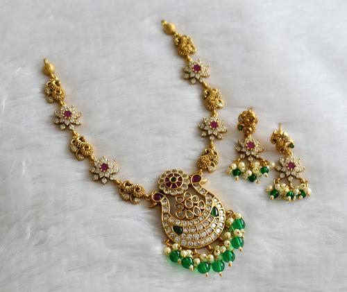 Matte finish cz ruby-green-white green beads peacock flower necklace set dj-46607