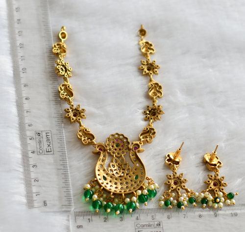 Matte finish cz ruby-green-white green beads peacock flower necklace set dj-46607