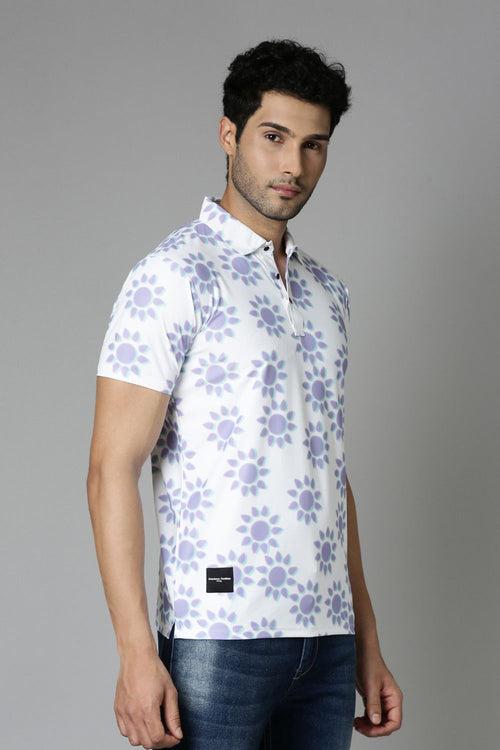 Powder-White Printed Polo T-Shirt