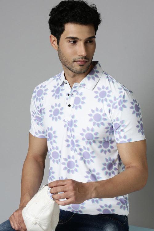 Powder-White Printed Polo T-Shirt